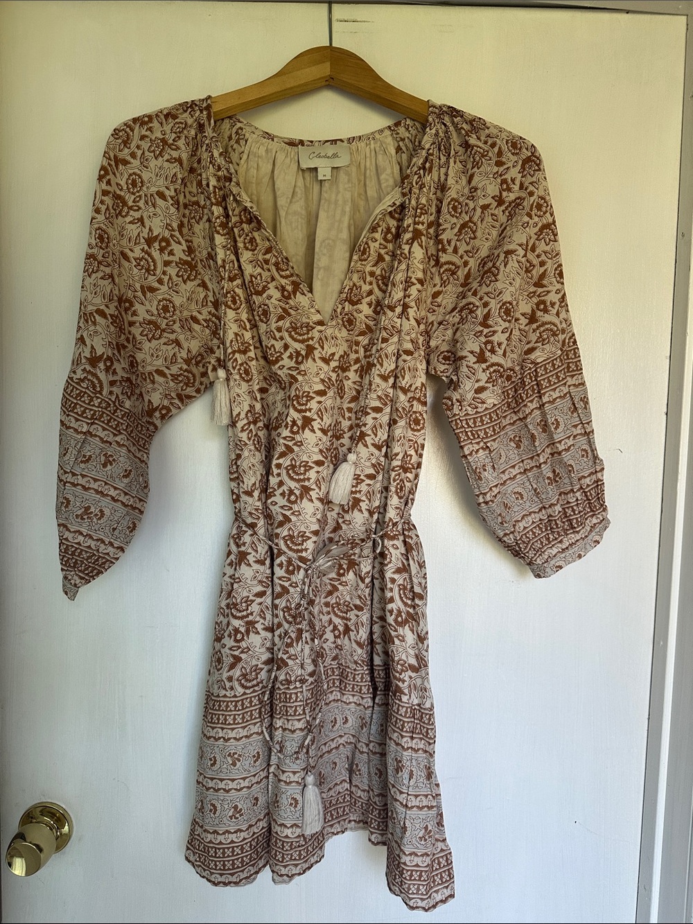 Cleobella Beige & Brown Floral Tassel Tie Mini Dress